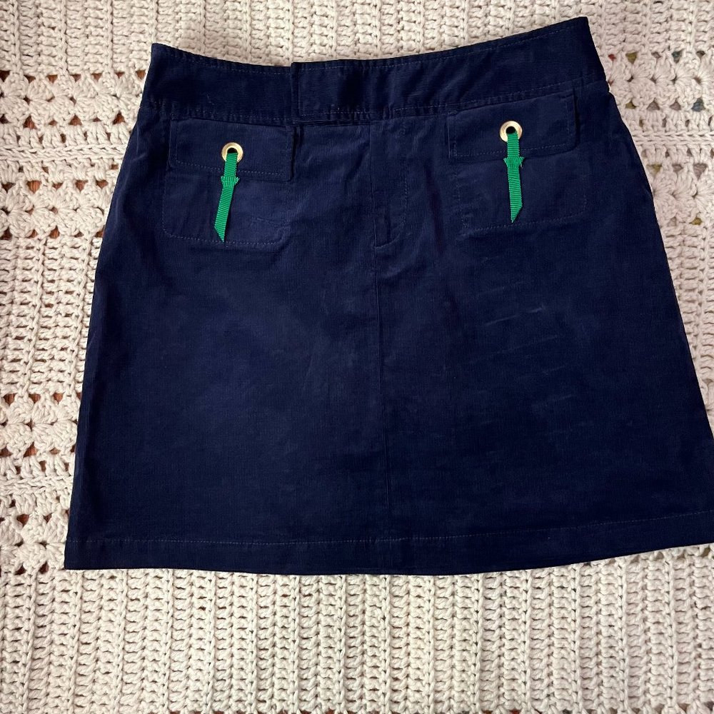 Lilly Pulitzer Navy Corduroy Skirt - Front Flap Pocket with Green Ribbon Size 4